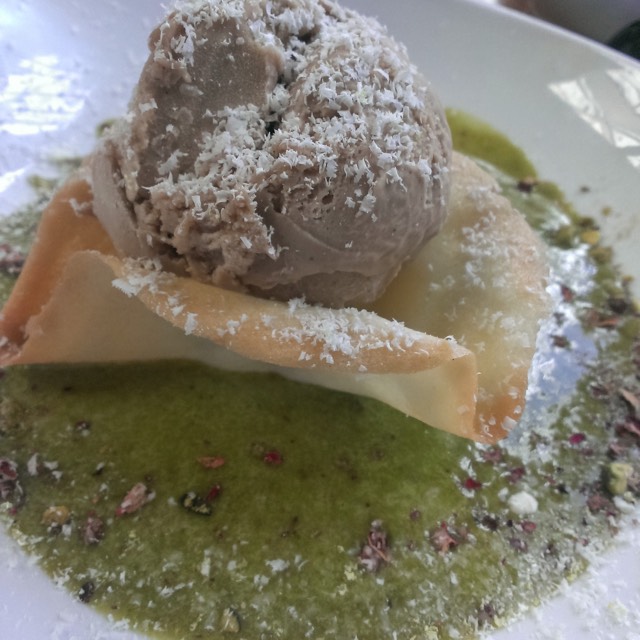 Pistachio Soup with Chai Ice Cream